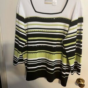 Green black an white striped top with square neck line split sides